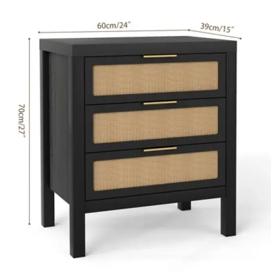 Angel Sar Rattan Night Stand with Drawers, 24'' Wide Boho Bedside Table with Large Storage and Sturdy Legs, Black image {2}