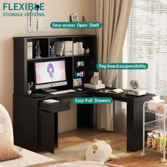 NicBex L-Shaped Corner Home Office Desk with Hutch&Outlets,Modern Computer Desk Study Table for Writing,Gaming,Home Workstation image {2}