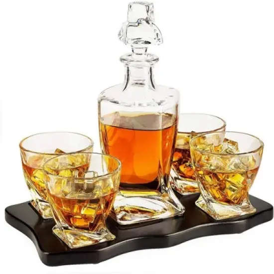 The Wine Savant Italian Crafted European Design Whiskey & Wine Decanter Set Includes 4 European Whiskey Style Glasses Set on Wooden Tray - 855 ml image {4}