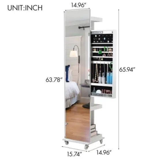 KTMBDW 360&iexcl;&atilde; Swivel Jewelry Cabinet, Vanity Mirror, Rotatable Full Length Mirror with Jewelry Storage, Standing Jewelry Armoire Organizer, White image {5}