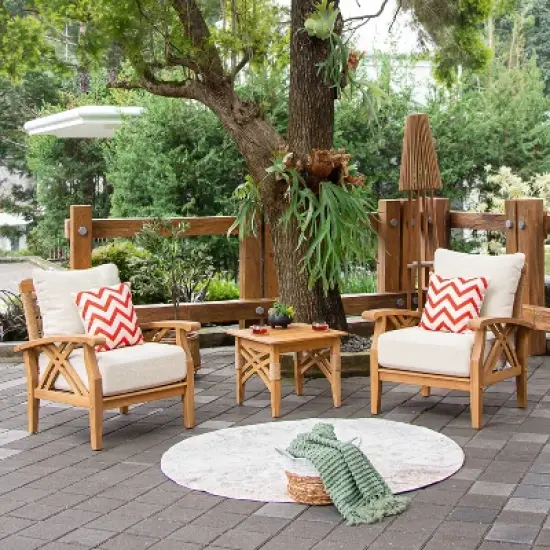 Cambridge Casual 3pc Carmel Teak Wood Outdoor Patio Small Spaces Conversation Set with Tan Cushions image {11}