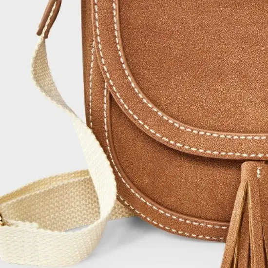 Girls' Faux Suede Saddle Crossbody Bag - art class&trade; Brown image {3}