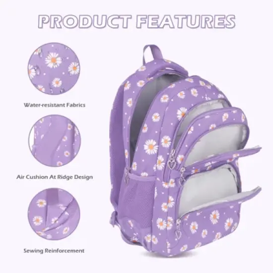Daisy Printed Backpacks With Lunch Pack Pencil Case 3pcs, Lightweight Waterproof Bookbag For Middle School image {3}