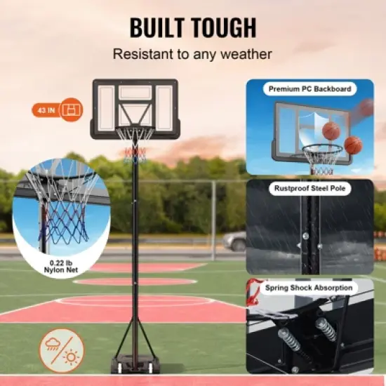 VEVOR Basketball Hoop, 4-10 ft Adjustable Height Portable Backboard System, 44 inch Basketball Hoop & Goal, Kids & Adults Basketball Set with Wheels image {5}