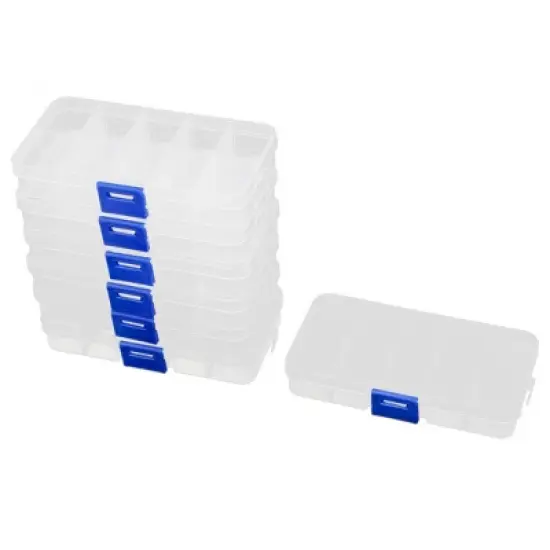 PiccoCasa 10 Sections Sundries Jewelry Screws Holder Storage Box Plastic Desk Drawer 5" x 2.6" x 0.9" Blue Clear 7 Pcs image {3}