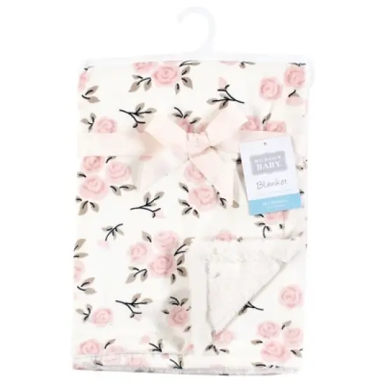 Hudson Baby Infant Girl Plush Blanket with Furry Binding and Back, Neutral Pink Floral, One Size image {1}