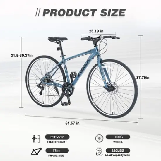 NAYSAYE Bicycle 7 Speed Hybrid Bike Aluminum Frame Double Disc Brakes for City Adventures, Blue and Gray, 64.57"*25.19"*37.79" image {4}