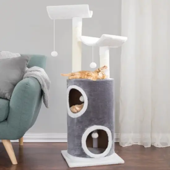 5-Tier Cat Tower with 2 Napping Perches, 2 Story Cat Condo, 2 Sisal Rope Scratching Posts, Hanging Toys &ndash; Cat Tree for Indoor Cats by PETMAKER (Gray) image {3}
