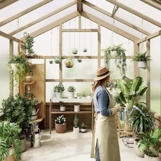 8x8FT Outdoor Wooden Greenhouse with Lockable Door Adjustable Vent Polycarbonate Panels Heavy Duty Garden Yard Greenhouse Light Brown image {2}