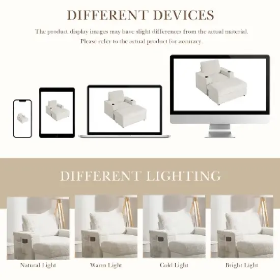 Whisen Oversized Faux Rabbit Fur Chaise Lounge with Storage Ottoman and Armrests, Upholstered Sleeper Sofa Bed with Cup Holders image {7}