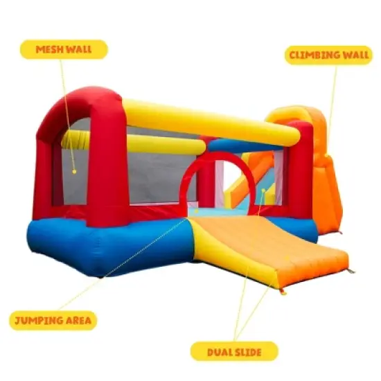 Banzai Double Slide Backyard Bouncer Outdoor Inflatable Slide & Bounce House w/ Climbing Wall, Blower Motor, Ground Stakes, & Storage Bag image {4}