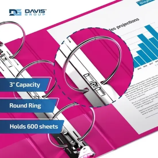 Premium Economy 3" Round Ring Binder 6pk Pink: Davis Group, Hard Cover, 600 Sheet Capacity, 2 Pockets, Polypropylene image {2}