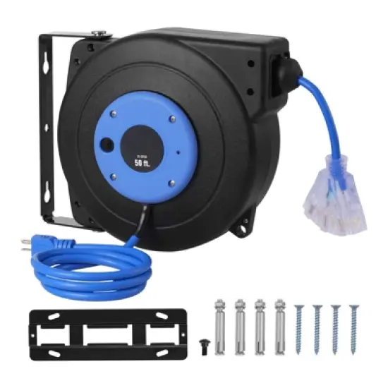 VEVOR Retractable Extension Cord Reel, 50 FT, Heavy Duty 14AWG/3C SJTOW Retractable Power Cord with Lighted Triple Tap Outlet, Black image {8}