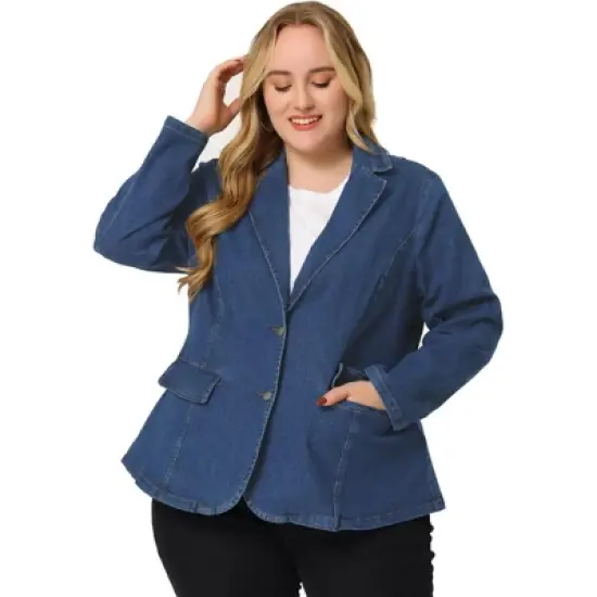 Agnes Orinda Women's Plus Size Denim Notched Lapel Color Block Stretch Blazer image {10}