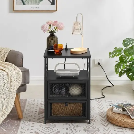 VECELO 1/2 Pcs Nightstands with USB Ports and Outlets, Modern Bedside End Tables Night Stands with Drawer and Storage Shelf image {3}