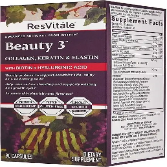 ResVit&aacute;le Beauty 3 - Skin Care Supplement with Collagen, Keratin & Elastin - 90 Capsules image {1}