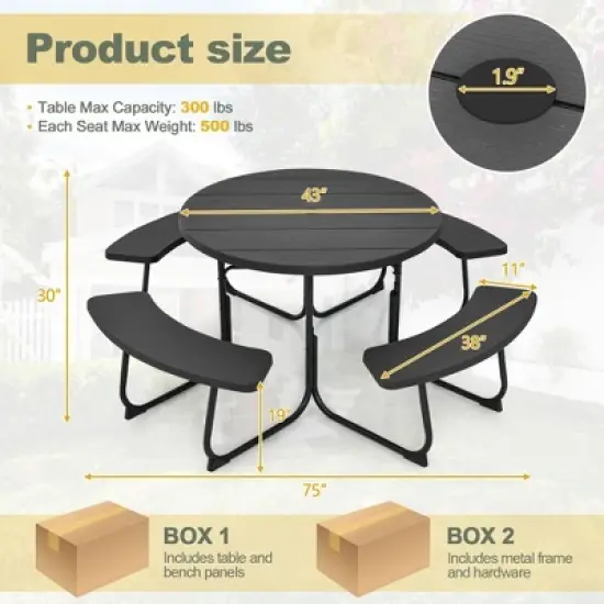Costway Outdoor 8-person Round Picnic Table Bench Set with 4 Benches & Umbrella Hole Black/Grey/Green/White image {2}