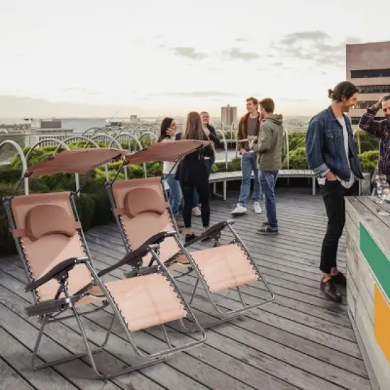 Costway Folding Recliner Zero Gravity Lounge Chair W/ Shade Canopy Cup Holder Brown image {2}