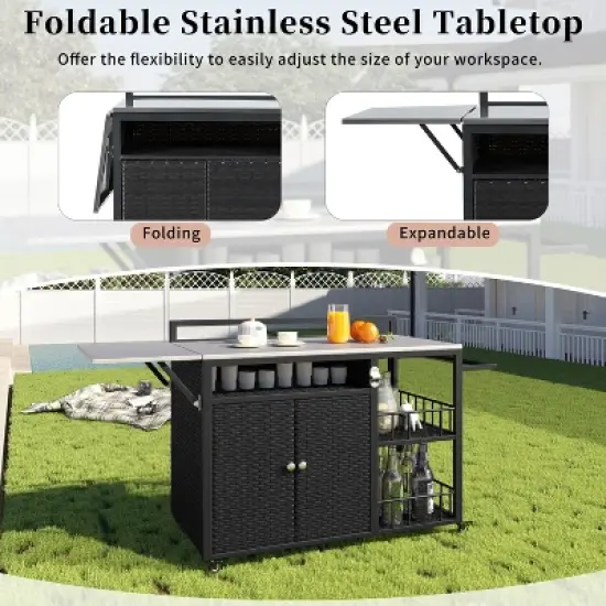 YOOCOZZ 63.5" Outdoor Rolling Kitchen Island with Ample Storage Space and Foldable Tabletop - Dark Brown image {3}