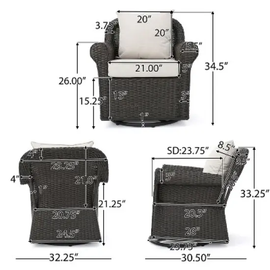 GDFStudio Caldwell Outdoor 3 Piece Wicker Swivel Club Chair and Fire Pit Set with Cushions image {2}