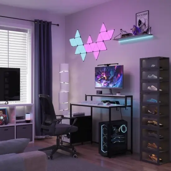 Famapy LED Gaming Desk Computer Desk with Metal Frame, Built - in Power Outlet, Drawers, and Elevated Dual - Layer Desktop image {13}