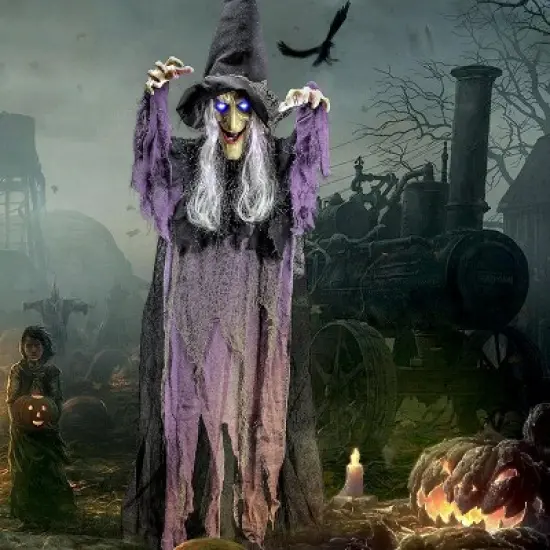 Joyfy 72&rdquo; Halloween Hanging Witch, Flying Talking Witch Halloween Hanging Ghosts Decorations, Light-up Hanging Witch for Outdoor/Indoor Decorations image {8}