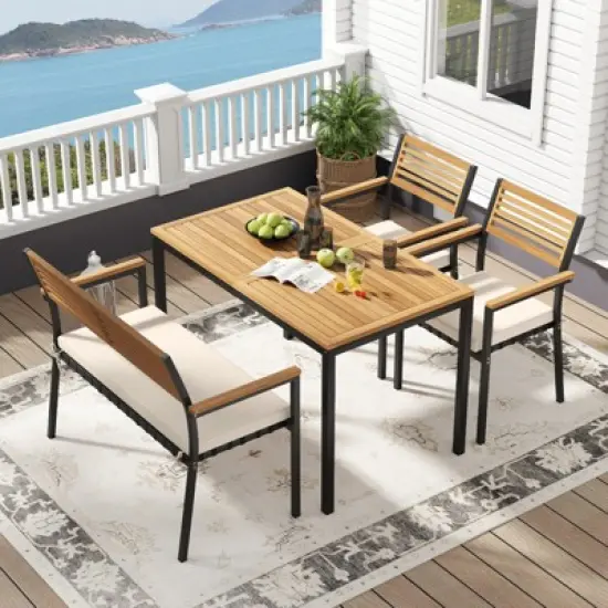 Tangkula Set Of 4 Patio Furniture Set Outdoor Dining Chair Set for 4 w/Acacia Wood & Metal Frame Umbrella Hole 1 Table 2 Armchairs 1 Bench image {1}