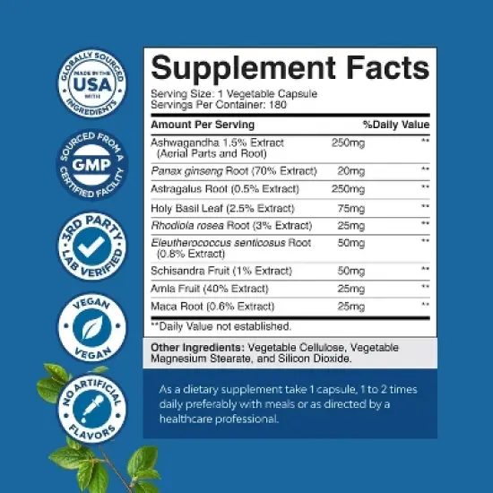 Adaptogen Blend Supplement, Adaptogens Supplement for Stress & Cortisol Management with Ashwagandha Rhodiola Rosea & Maca Root, Nature's Craft, 180ct image {2}