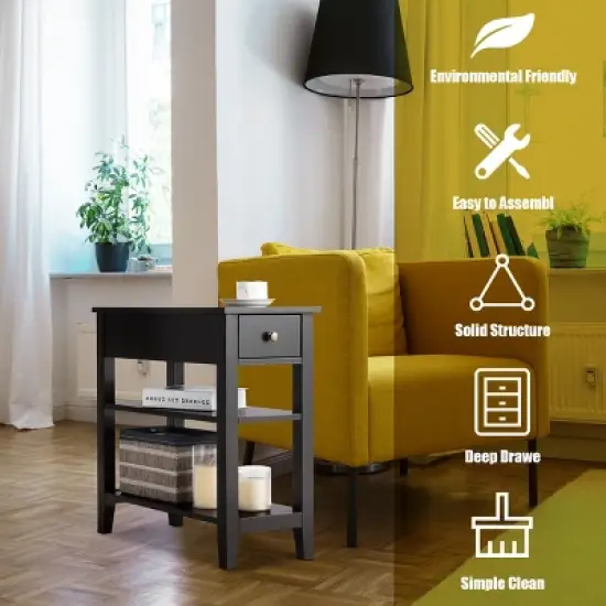 Costway 2 PCS 3Tier Nightstand Bedside Side End Table w/Double Shelves Black image {5}