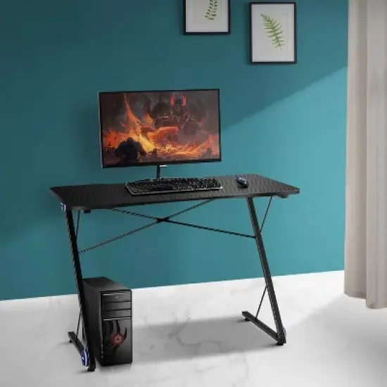 Tangkula Gaming Desk with LED 43.5-Inch Racing Style Computer Desk with Z-Shaped Metal Frame & Carbon Fiber Desktop Ergonomic image {2}