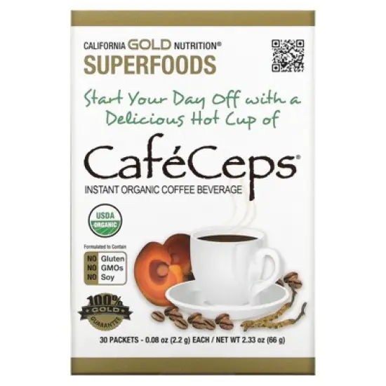 California Gold Nutrition CafeCeps, Certified Organic Instant Coffee with Cordyceps, and Reishi Mushroom Powder, 30 Packets, 0.08 oz (2.2 g) Each image {3}