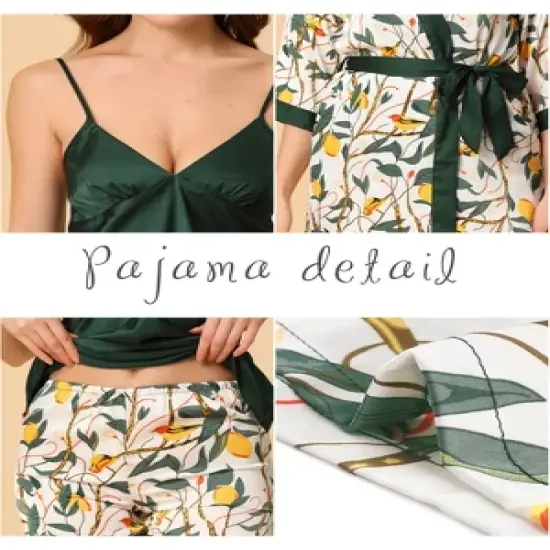 cheibear Womens Satin Floral Lounge Cami Nightgown Sleepwear 4pcs Pajama Sets image {3}