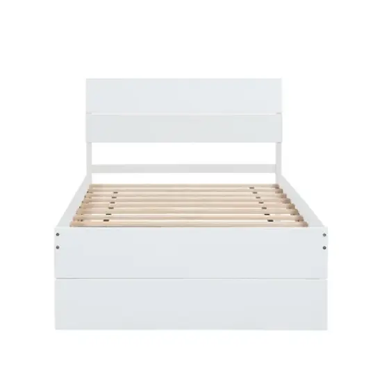 Modern Twin Bed Frame With Twin Trundle, Solid Wood Platform Bed With Headboard, No Box Spring Needed, Wooden Slats Supports, White image {4}