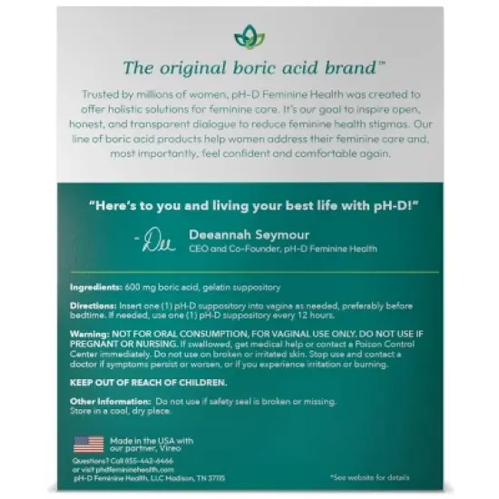 pH-D Feminine Health Boric Acid Vaginal Suppositories image {2}