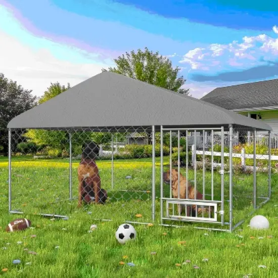 Erommy 10'x10' Outdoor Dog Kennel, Heavy Duty Large Dog Kennels with Waterproof Cover and Rotating Feeding Door image {8}