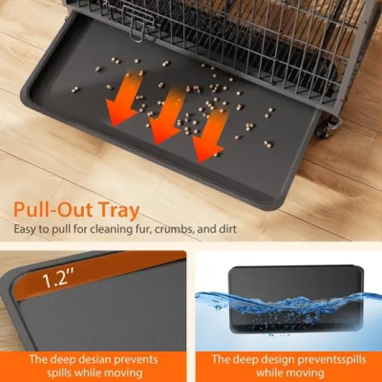 2 in1 Furniture Style Dog Crate, MDF Metal Dog Crate, Indoor Pet Kennel Cage with Shelves & Moveable Tray & Wheels, Puppy House for Home, Farmhouse image {7}