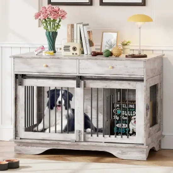 COZONY 47" Dog Crate Furniture with Barn Door & Storage Drawers, Heavy Duty Wooden Dog Kennel End Table with Removable Divider for Indoor Use image {7}