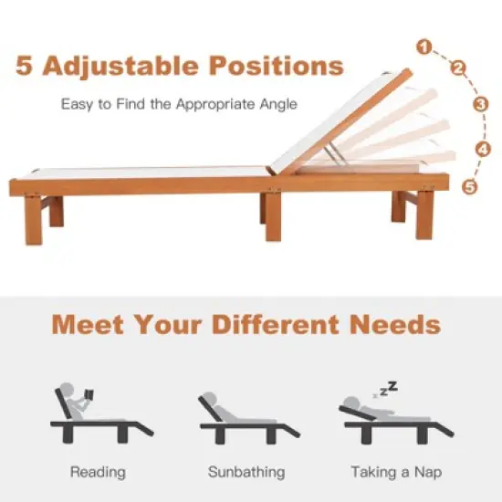 Costway 2PC Patio Lounge Chair Chaise Solid Wood Back Adjustable Recliner Deck Furniture image {3}