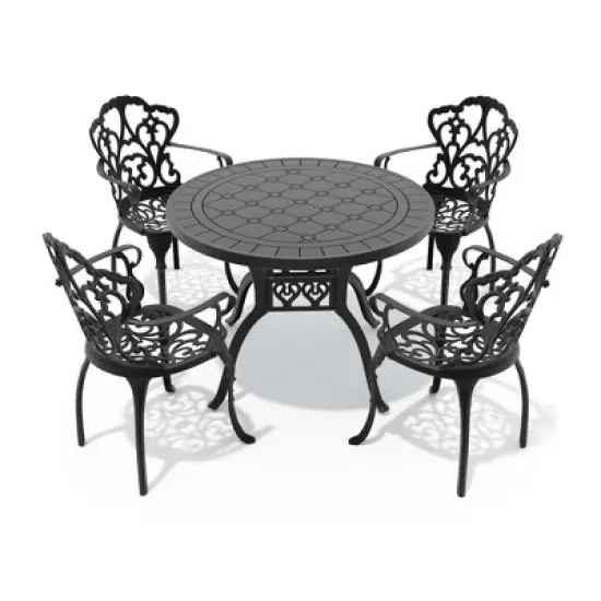 5-Piece Cast Aluminum Outdoor Dining Set with Beige Cushions, Rectangle Table & Ergonomic Chairs - for Patio, Backyard image {2}
