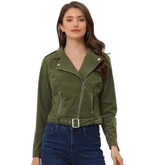 Allegra K Women's Notched Lapel Zip Up Long Sleeve Motorcycle Corduroy Jacket image {1}