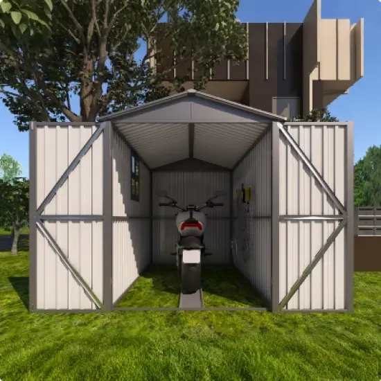 GDFStudio Saxon Motorcycle Outdoor Steel Storage Shed with Window and Tracks image {5}