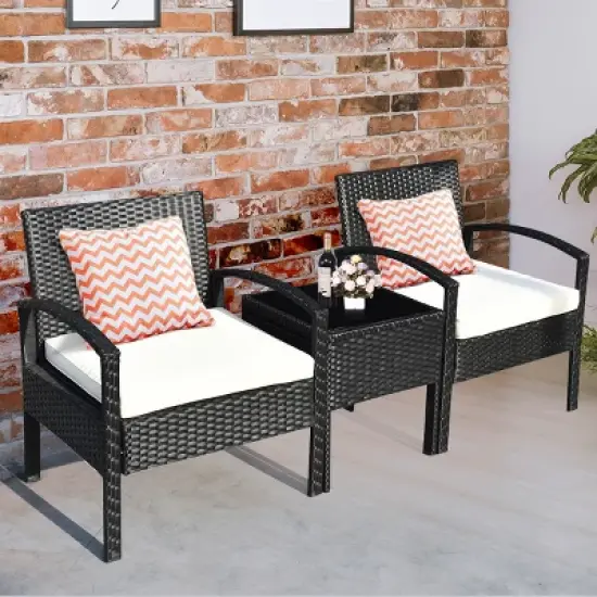 Costway 3PCS Patio Rattan Furniture Set Table & Chairs Set with Thick Cushions Garden image {2}