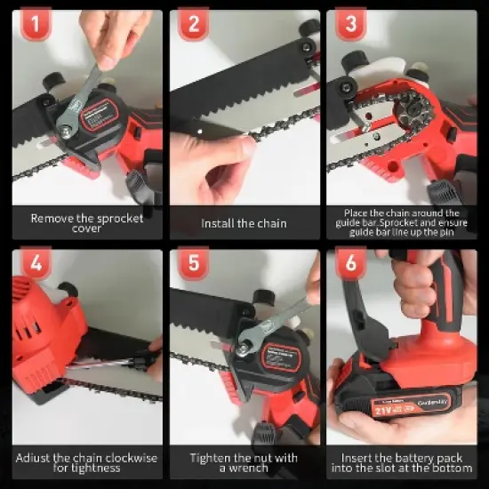 Gardenjoy Cordless Mini Chainsaw - 6 Inch - 21V with 2 Batteries & 2 Chains - Safety Lock & Auto Oiler image {8}