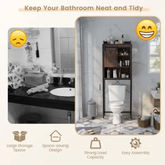 Costway Over-The-Toilet Storage Cabinet Bathroom Organizer w/ Sliding Barn Door Rustic\Espresso image {6}