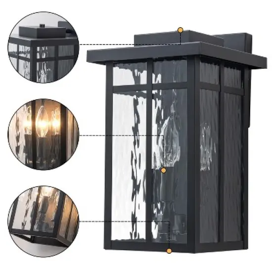 C Cattleya 13.5" 3-Light Matte Black Outdoor Hardwired Wall Lantern Sconces with Water Ripple Glass image {2}