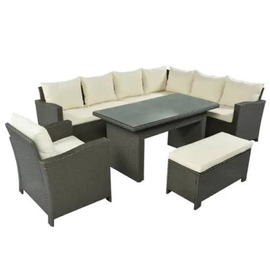 6pc Outdoor Wicker Set with Loveseats, Sofa, Chair, Coffee Table & Bench - Beige - GODEER image {14}