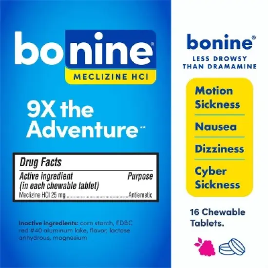 Bonine Non-Drowsy Nausea Relief - Meclizine HCI 25mg Chewable Tablets - Raspberry - 16ct image {2}