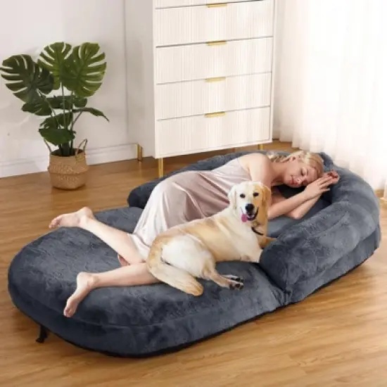 Human Giant Dog Bed for Adults, Foldable Lazy Sofa Pet Bed, Washable Corduroy Nap Pet Sofa for Men Women & Pets, Faux Fur Cover image {9}