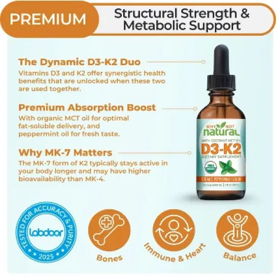 Why Not Natural Organic Vitamin D3 K2 (MK-7) Liquid Drops, 5000 IU with MCT Oil for Bone, Teeth, Heart & Immune Support image {1}