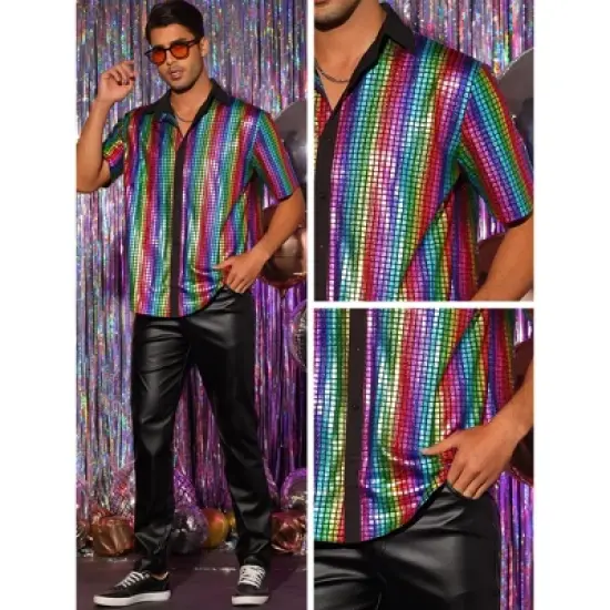 Lars Amadeus Men's Button Down Short Sleeves Costume Disco Shiny Metallic Shirt image {4}